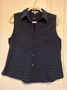 ⛳️☀️🎾Foxcroft Navy Sleeveless Button-Down Shirt Textured Polka Dots🎾☀️⛳️
